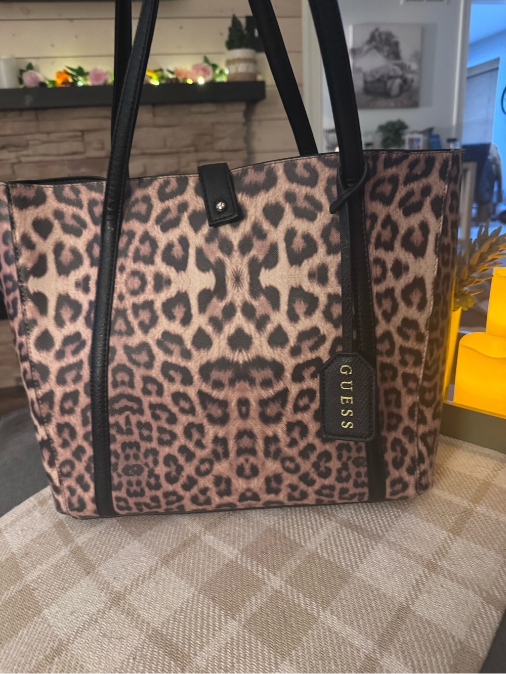 GUESS Pink Leopard-Print Tote with Black Trim